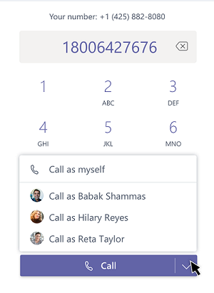 A delegate selects who they want to place a call as: themself, Babak Shammas, Hilary Reyes, or Reta Taylor